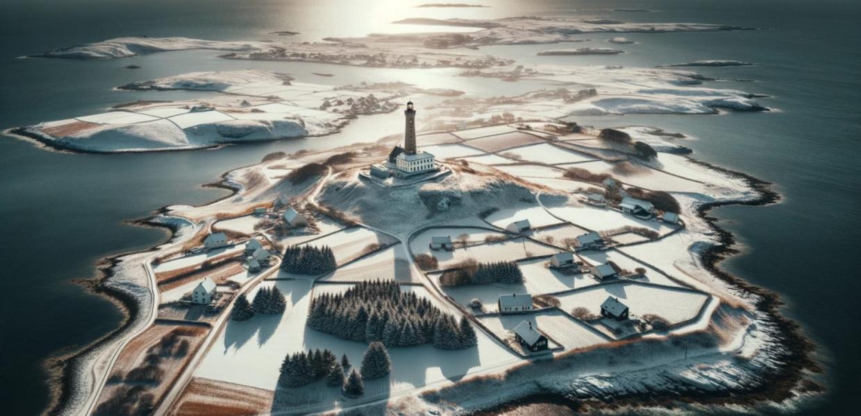 AI: Vinterlandskab på Ærø med Skjoldnæs Fyr i fokus